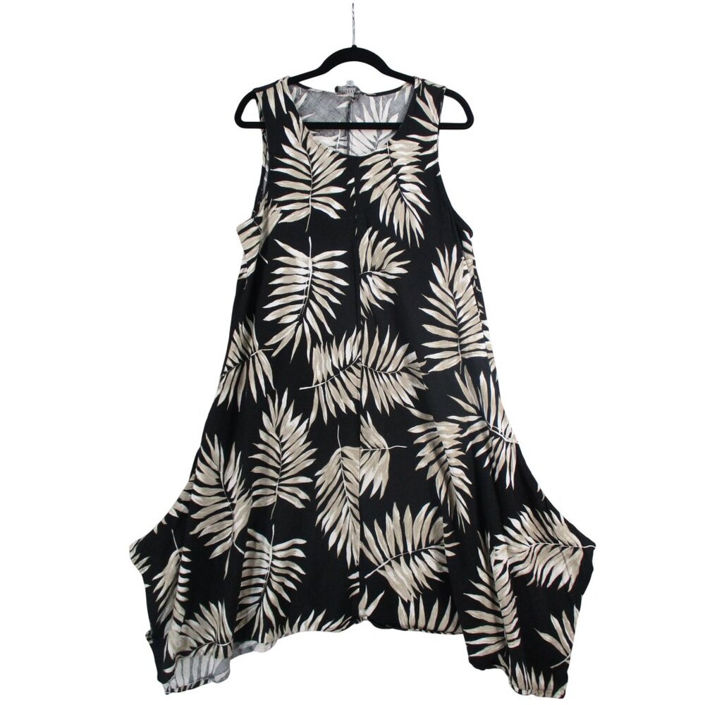 Context by Lord & Taylor Linen Black/Beige Leaf Print Sleeveless Flowy Dress 1X